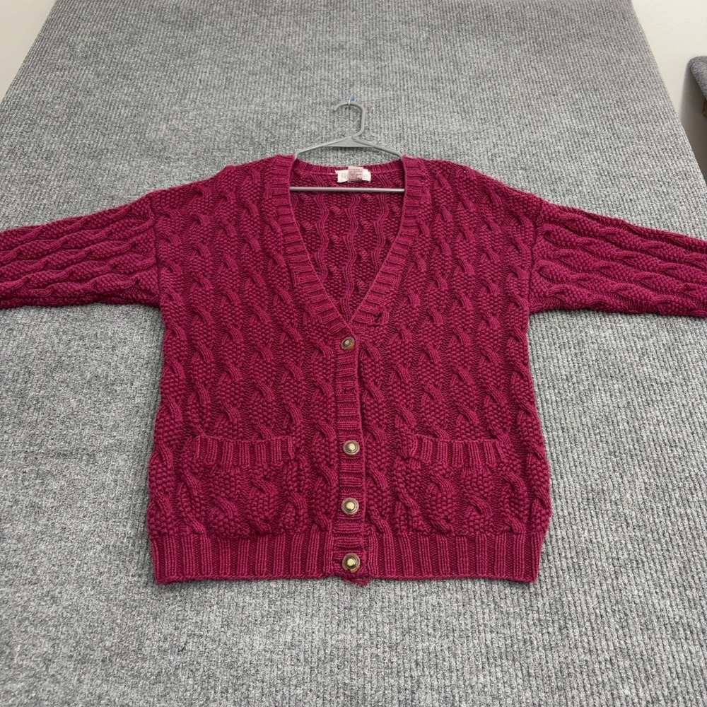 Vintage Rosanna Cardigan Womens M Pink Ramie Cotton Cable Knit Chunky Boho Style